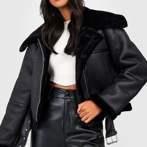 Boohoo Black Faux Leather Aviator Jacket